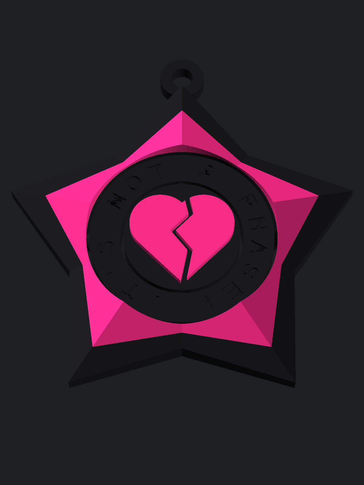 Render of a black star keychain with a pink inner star, a black ring engraved IT'S NOT A PHASE! and a pink broken heart in the center