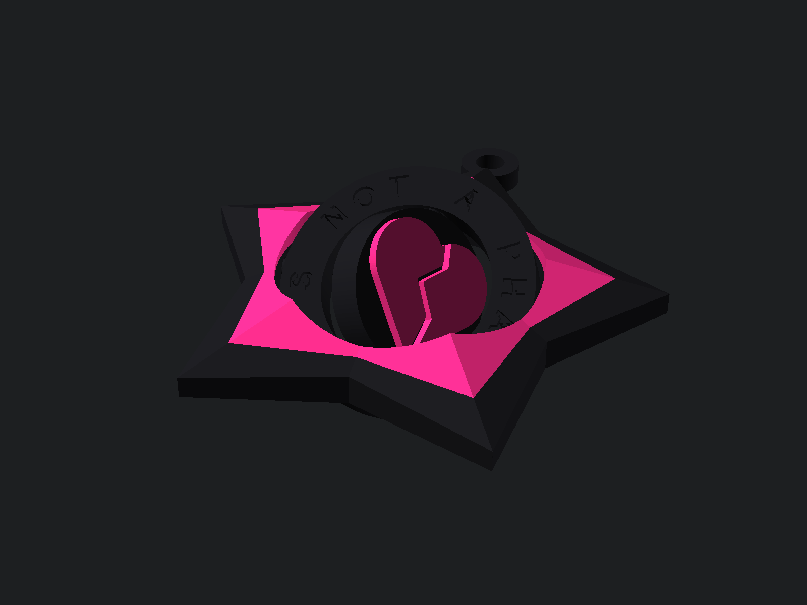 Pink faceted star keychain with black spinning rings tilted and a pink broken heart on the center disc