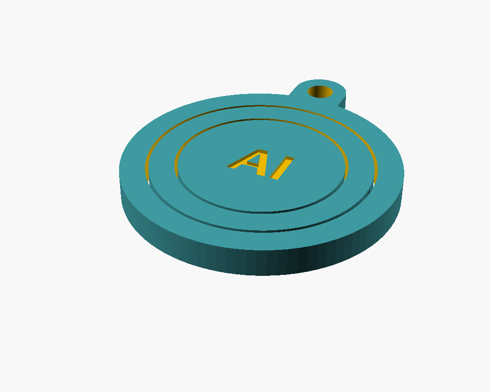 The keychain as it prints: flat, three concentric rings with AI engraved in the center